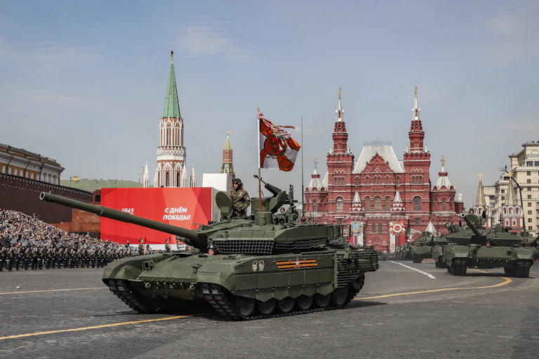 Russian T-90M and T-14 Armata tanks take part in the Victory Day military parade general rehearsal in the Red Square in Moscow, Russia, 07 May 2022.