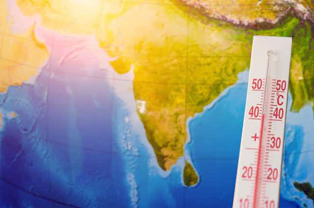 India from space, with thermometer showing 40C
