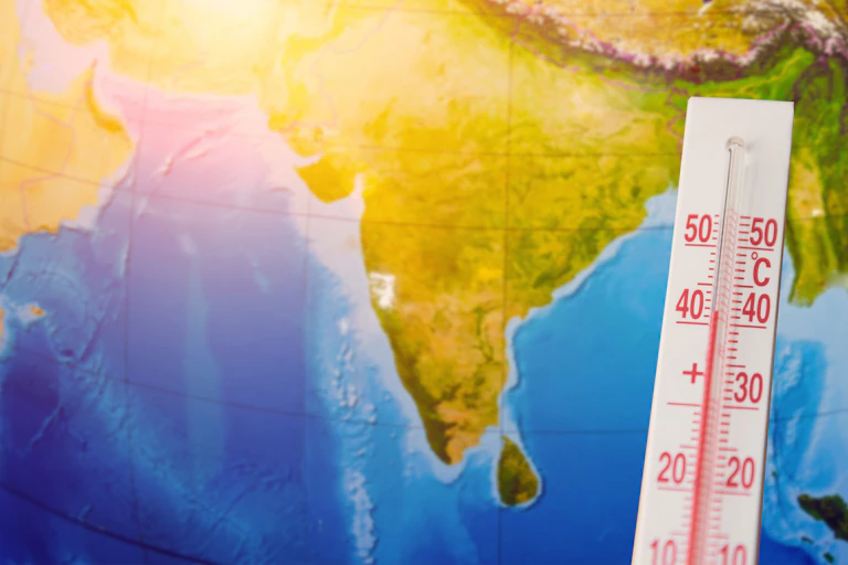 India from space, with thermometer showing 40C