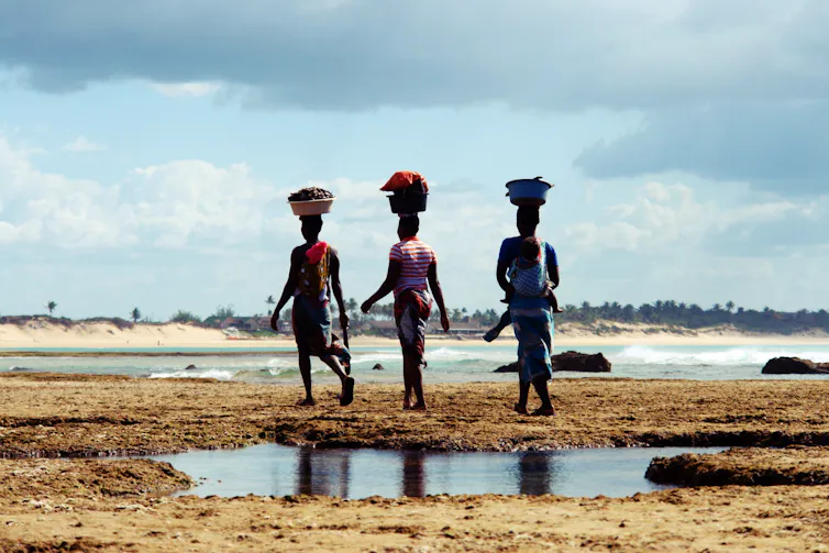 three women carrying baskets on their heads