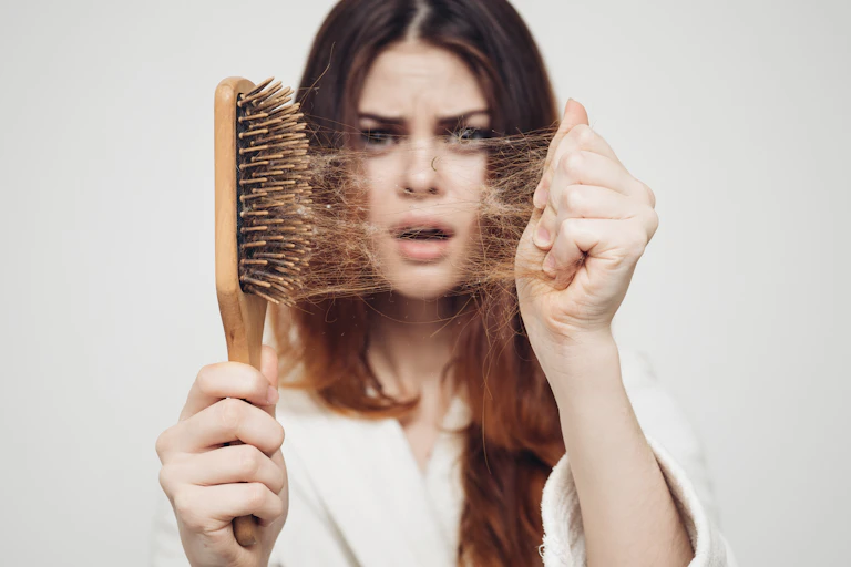 A woman pulls hair out of a hairbrush, appearing dismayed.