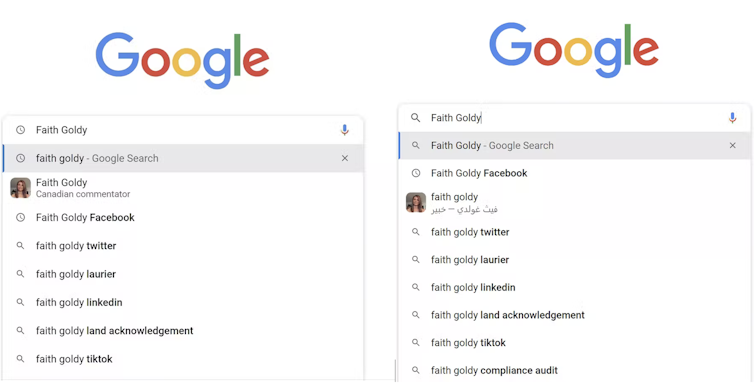 Two google searches with search suggestions for Faith Goldy, in English and Arabic