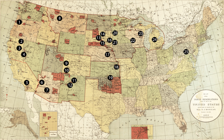 A map with shaded locations of Native American reservations as well as dots showing where American Indian boarding schools were located.