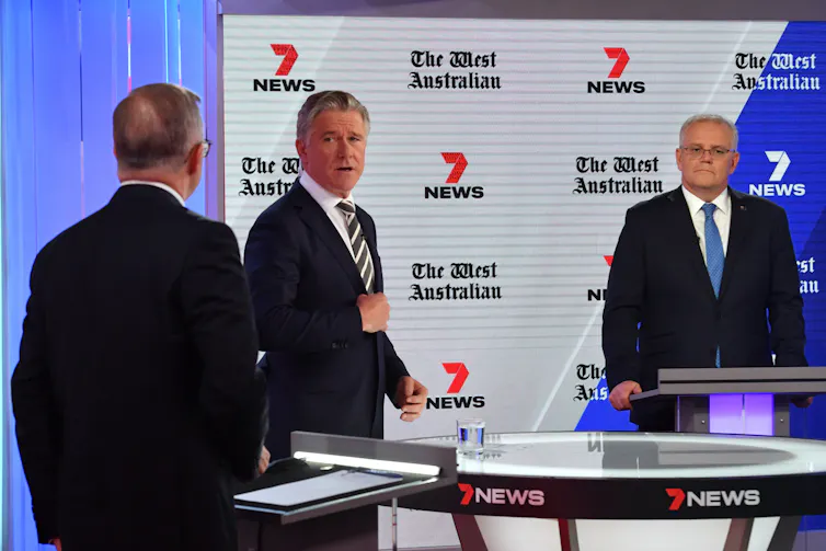 Anthony Albanese and Scott Morrison with journalist Mark Riley