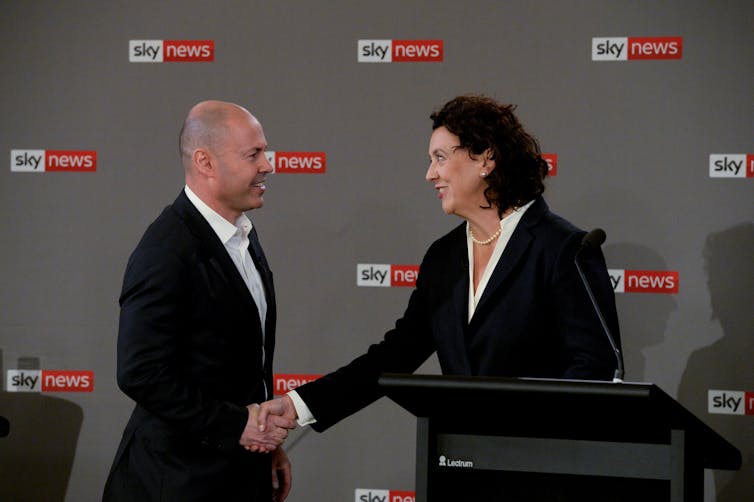 Treasurer Josh Frydenberg and independent candidate Monique Ryan at a televised debate in Melbourne.