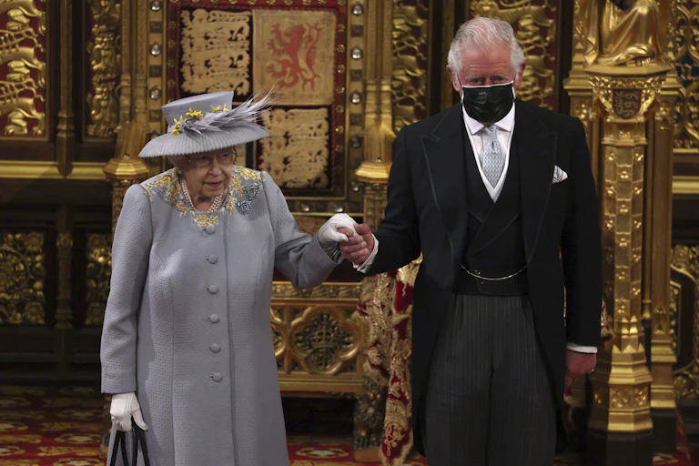 Queen Elizabeth and Prince Charles at the Palace of Westminster in 2021