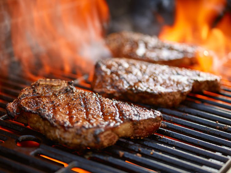 Steak on flame-grill barbecue