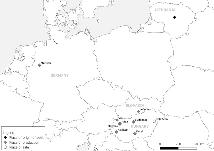 A map of Europe with diamonds depicting the places of production and purchase for potting soils.