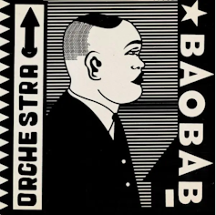 Black and white album cover with illustration of a man in a suit reminiscent of a barber shop poster
