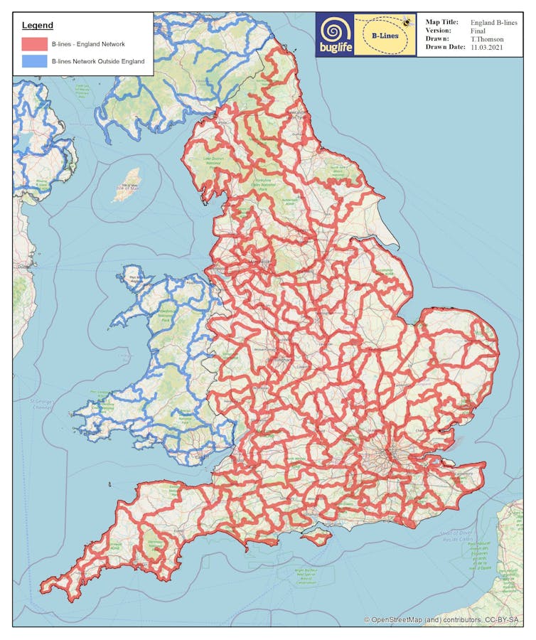 A map of the UK with red and blue lines.