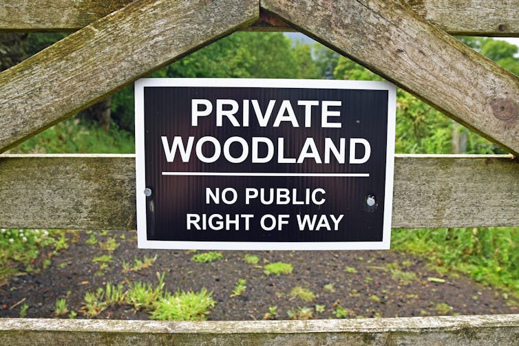 A sign saying 'private woodland no public right of way' on a wooden gate.