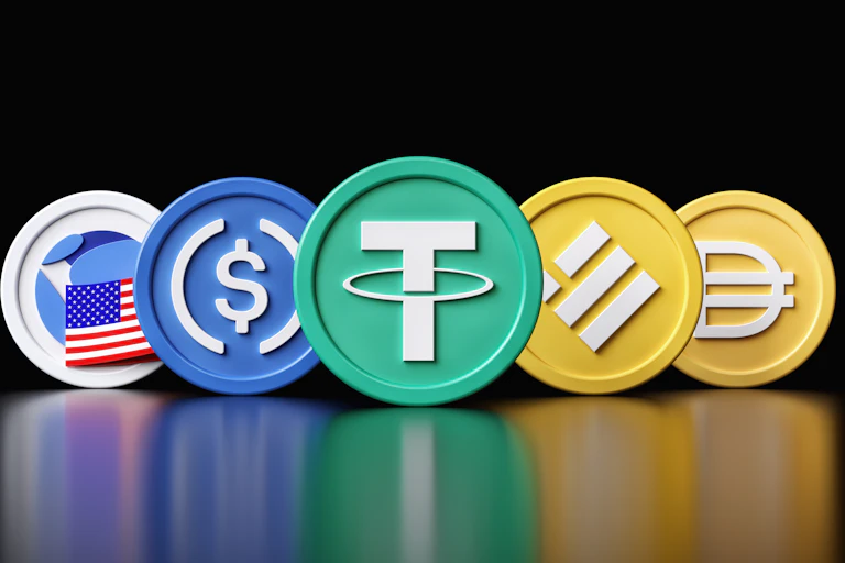 Illustration of stablecoin tokens in a row.