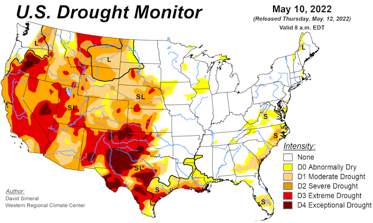 Map of drought in the United States showing the western half of the country under drought conditions