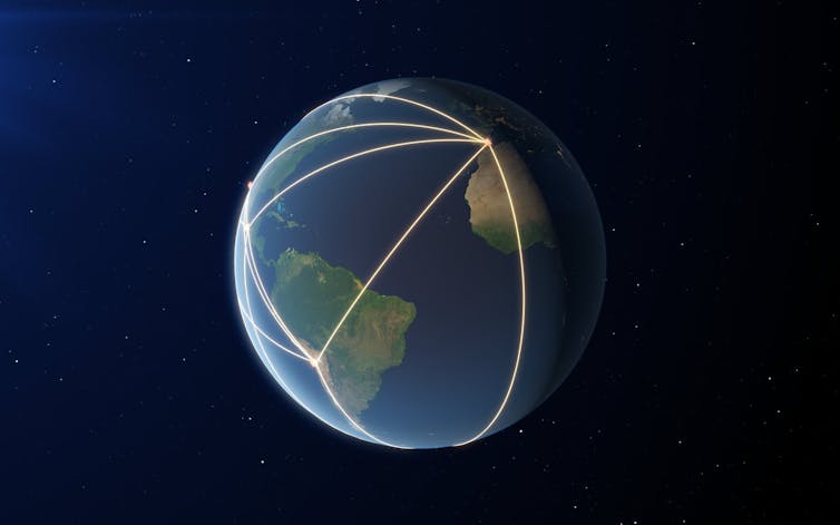 Lines connecting point on the globe connecting eight different areas across the Earth.