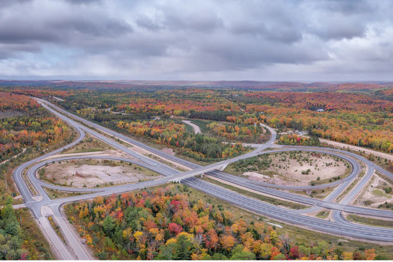 Birds-eye view of highway in the autumn