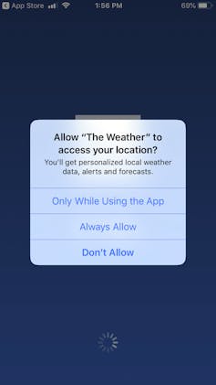 a smart phone screen showing a dialog box offering three options for location settings