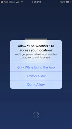 a smart phone screen showing a dialog box offering three options for location settings