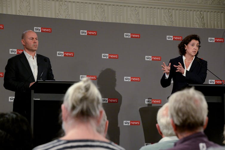 Treasurer Josh Frydenberg and independent challenger Monique Ryan during a debate.