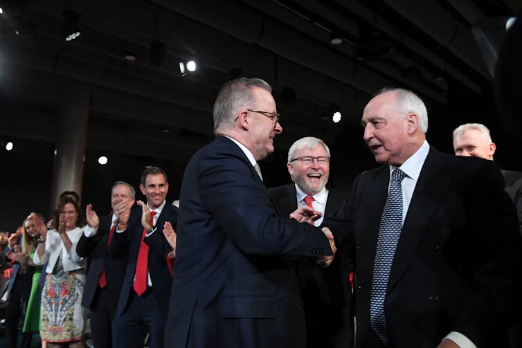 Anthony Albanese with Kevin Rudd and Paul Keating at the Labor campaign launch.