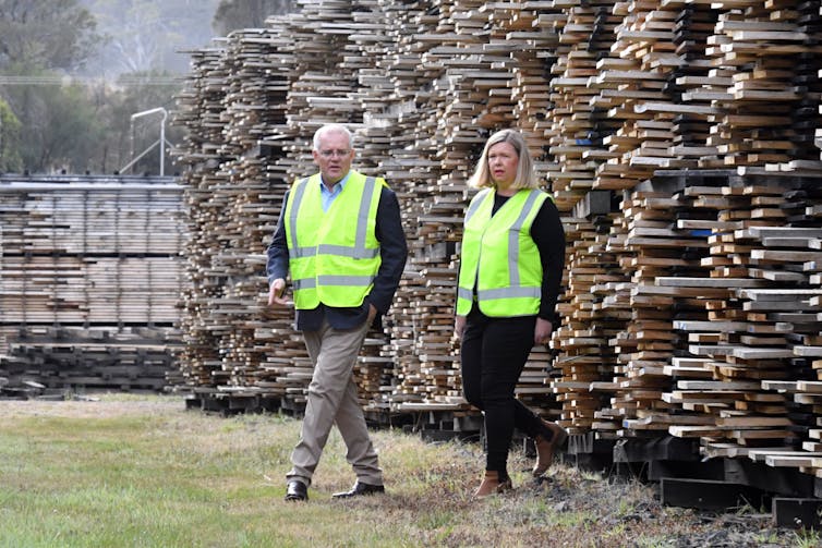 Morrison and member for Bass, Bridget Archer at aTasmanian oak products company