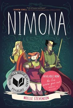 Graphic novel cover of three characters, one kneeling in the middle in a short tunic dress, against a teal green background.