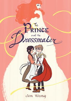 Graphic novel cover showing a seamstress in a long dress standing closely to a prince with a measuring tape.