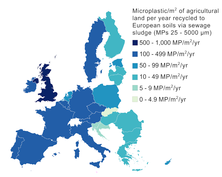 A map of Europe with the farm soil microplastic concentrations highlighted in shades of blue.