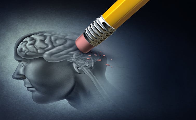 Illustration of a pencil eraser erasing part of a drawing of a brain