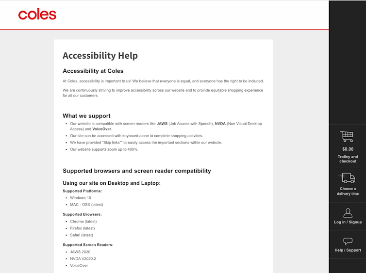 Screenshot of the top of Coles's 'accessibility' section on the company's website, with a red Coles logo on the top-left.
