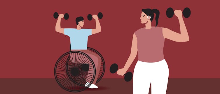 A rendered illustration of a disabled man in a wheelchair and woman with a hearing aid lifting weights.