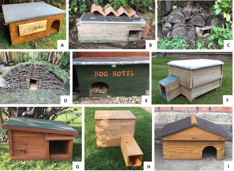 A composite image showing eight different hedgehog house designs.