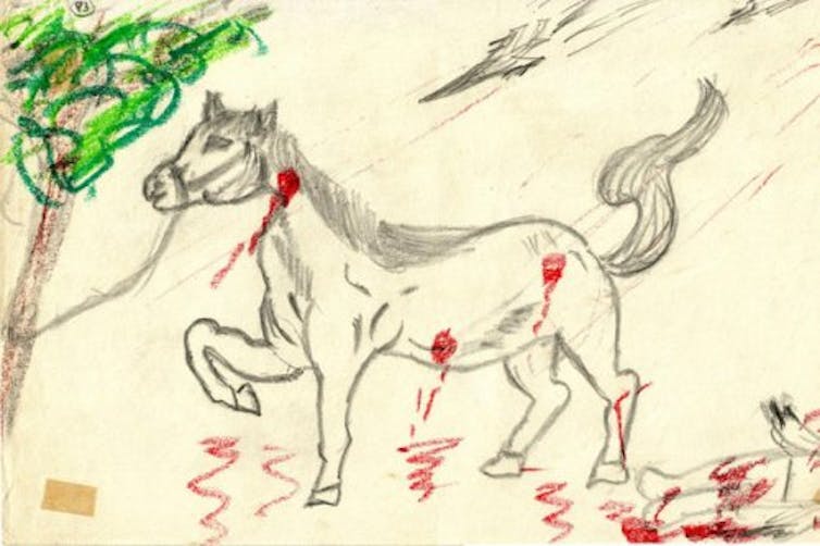 Drawing of bullet-riddled horse.