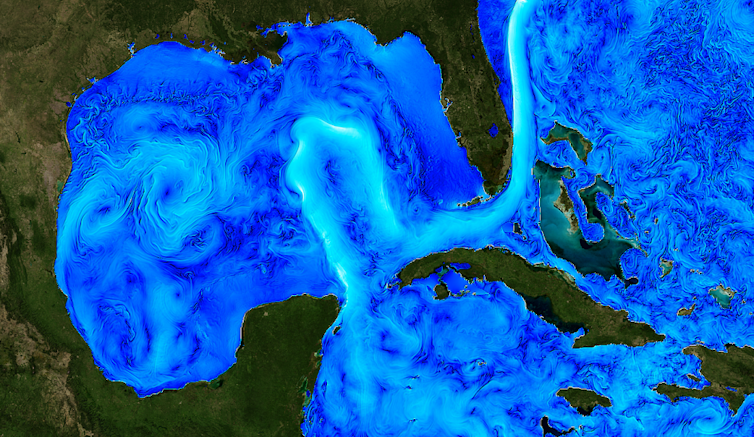 A satellite image of ocean heat shows the strong Loop Current and swirling eddies. Christopher Henze, NASA/Ames