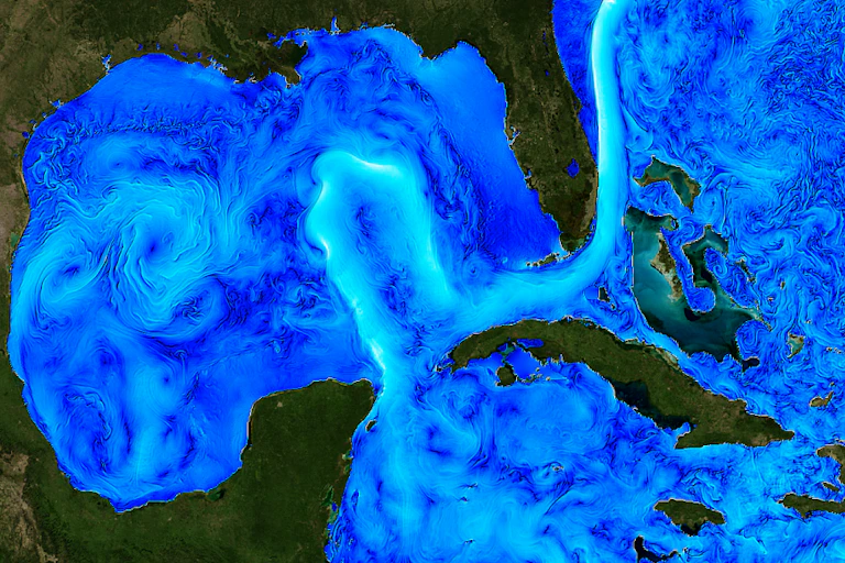 A satellite image shows the strong Loop Current and other meandering currents and swirling eddies in the Gulf of Mexico and Atlantic Oceans