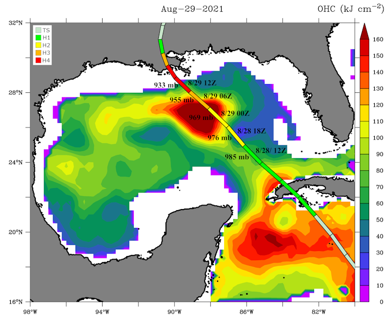 Map of path of Hurricane Ida showing its central pressure and hurricane strength at each point and the depth of ocean heat capable of fueling a hurricane.