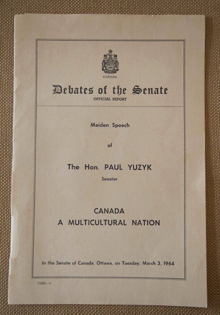 Picture of a brochure that reads 'Debates of the Senate,' 'Canada a Multicultural Nation' from 1964.