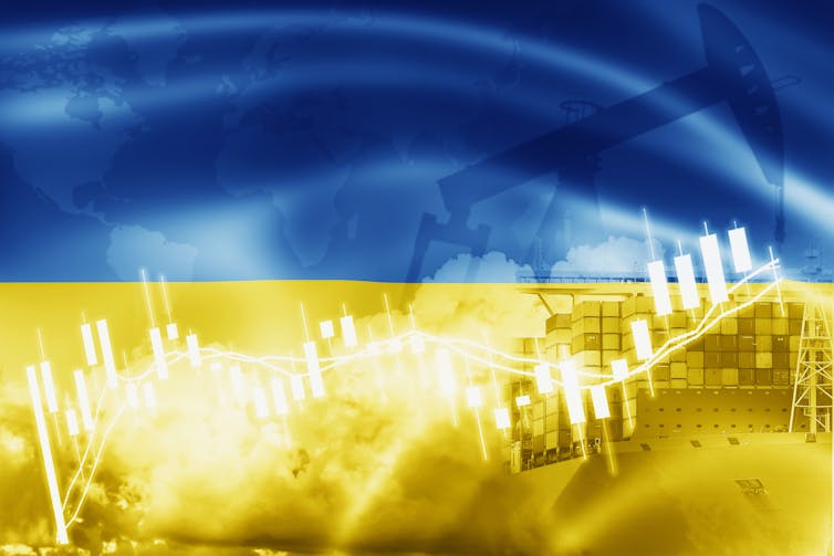 Graphic with stock market superimposed over Ukrainian flag.