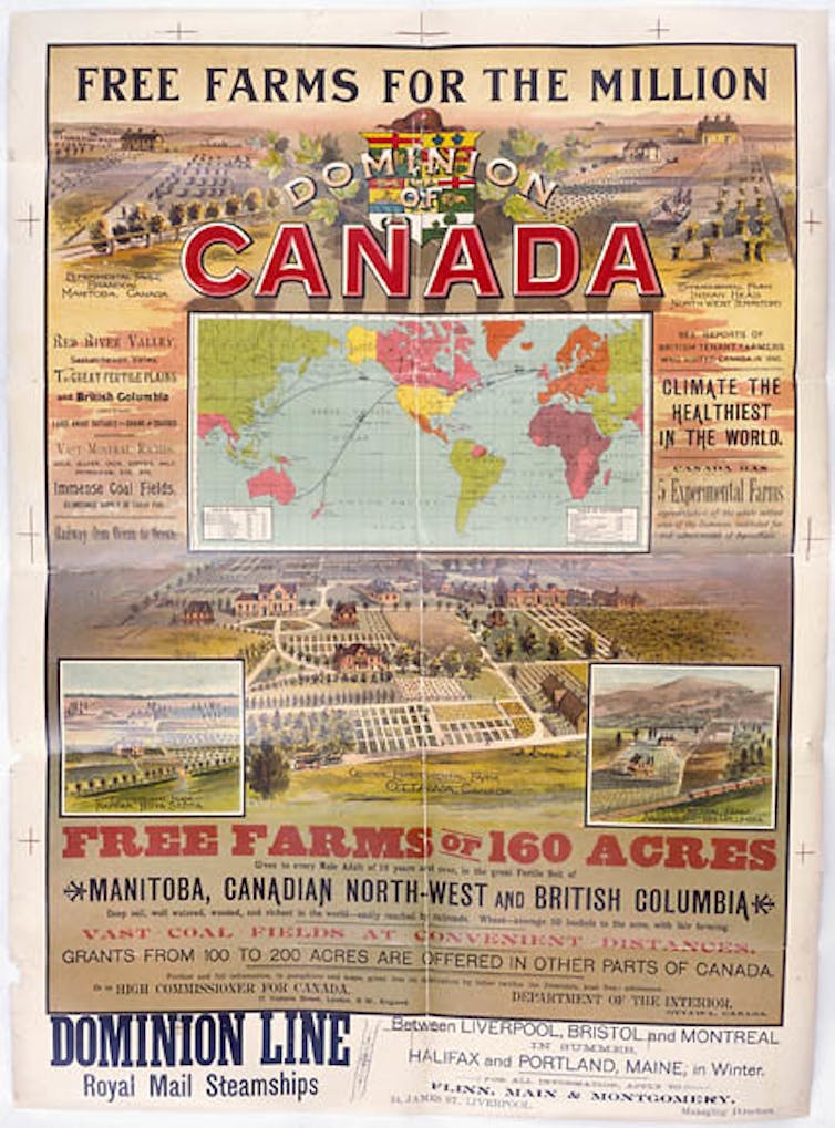 Poster shows a map of Canada floating over a planned community and large text reading 'Dominion of Canada,' free farms of 160 acres.