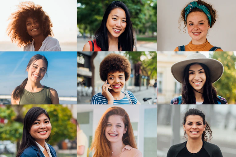 Portraits of young women of different ethnicities.