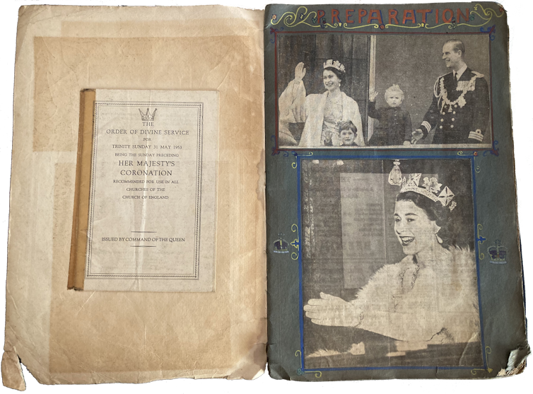 Pages from a scrapbook, featuring the programme for the coronation service, and photos of the Queen and her family waving at the coronation.