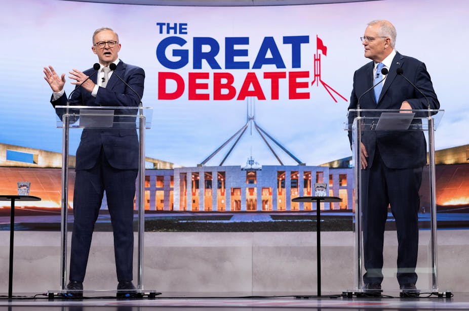 Anthony Albanese and Scott Morrison in a televised debate.