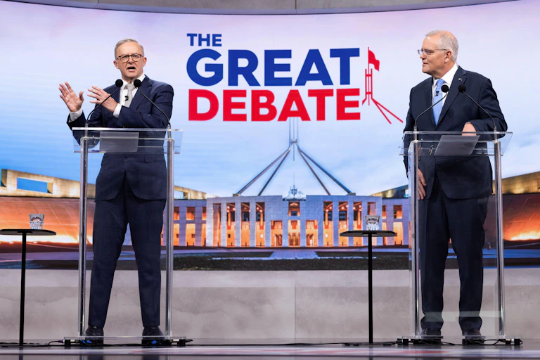 Anthony Albanese and Scott Morrison in a televised debate.