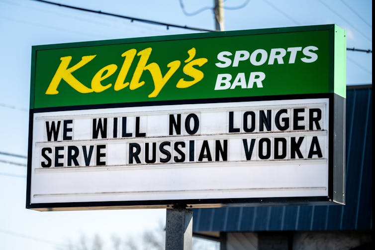 A sign that says'We Will No Longer Serve Russian Vodka'
