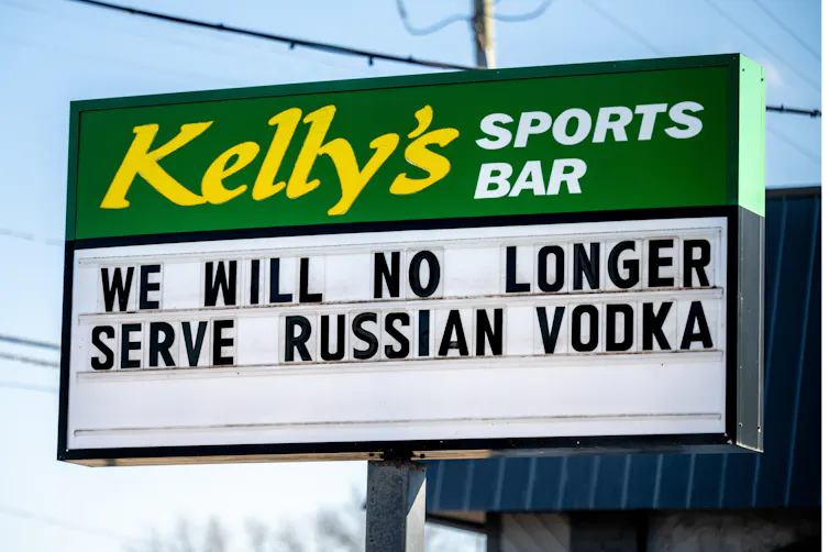 A sign that says 'We Will No Longer Serve Russian Vodka'