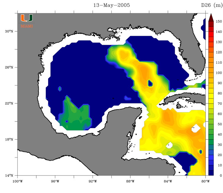 Изображение Мексиканского залива, показывающее, насколько глубоко достигает тепла в 2005 году, с четкой петлей от запада Кубы до Луизианы.