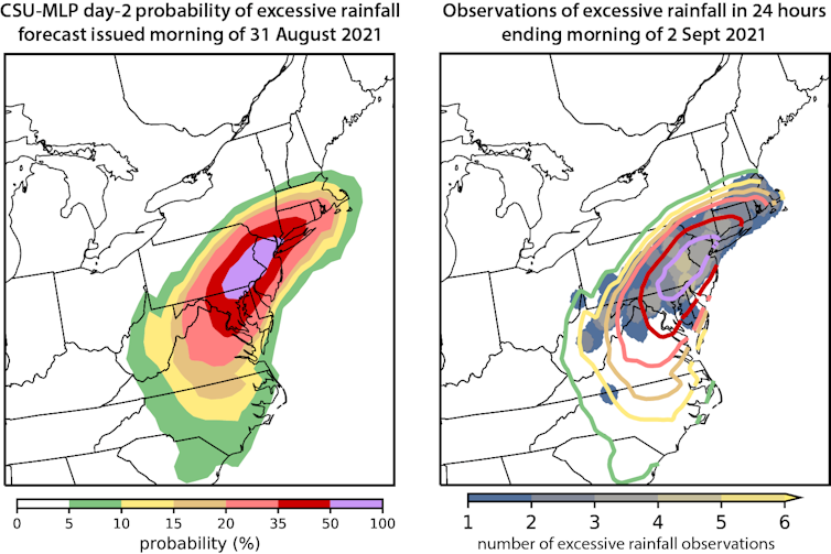 Two maps showing a machine learning forecast and actual flooding in the mid-Atlantic states after Hurricane Ida in 2021.