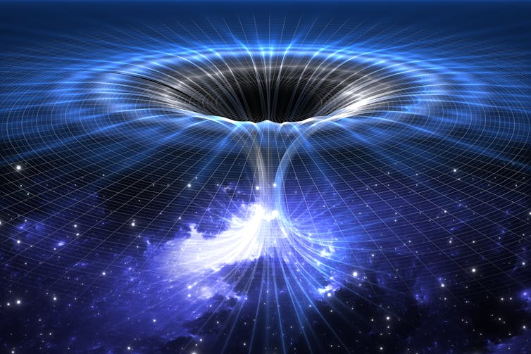 Illustration showing a hypothetical wormhole open in space, bending spacetime around it.