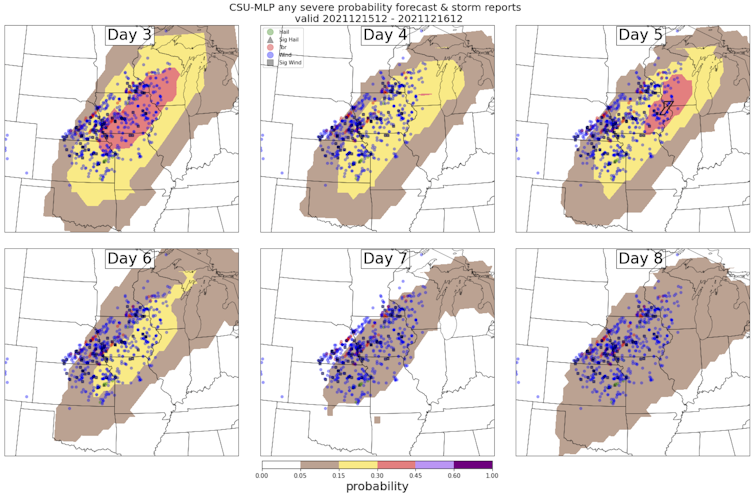 Maps of an evolving machine learning forecast for an outbreak of severe weather in the US Midwest in December 2021.