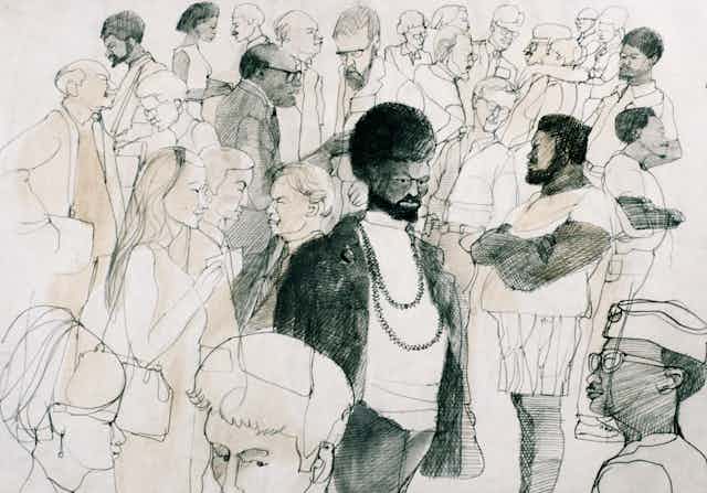 Drawing of different types of people in conversation.