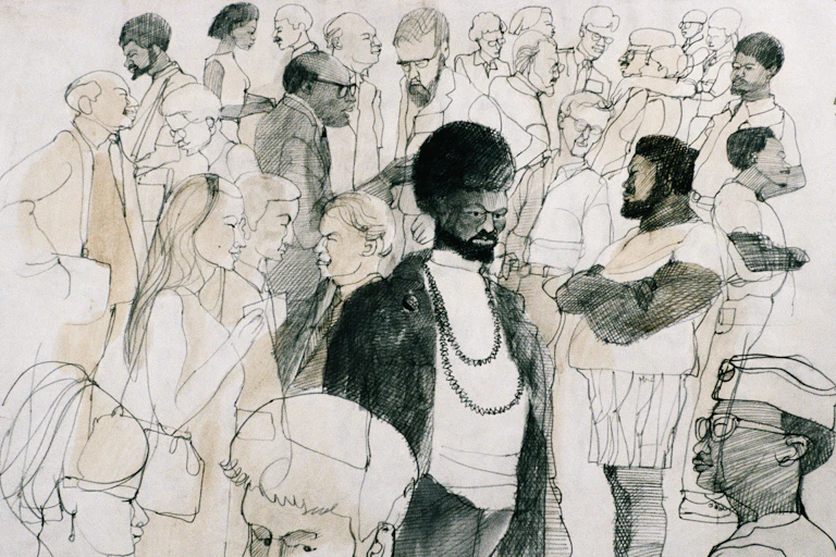 Drawing of different types of people in conversation.
